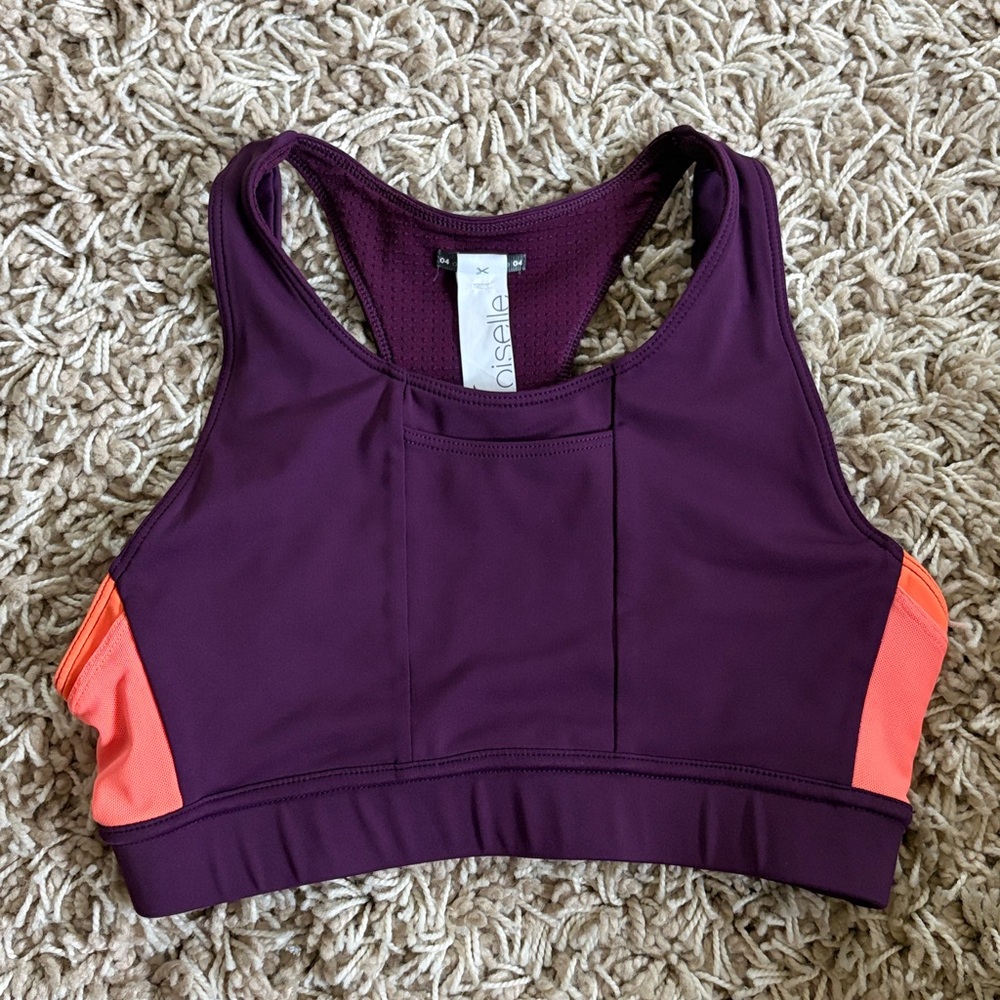 (2) Oiselle Pockito Purple & Orange/Orange & Purple Pocket Sports Bra, Size 4